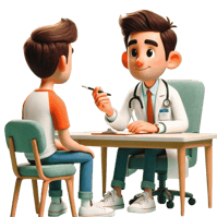 Patient jeune en consultation avec un médecin. Citana vous aide à organiser vos consultation médicale par la prise de RDV, le questionnaire en amont (antécédents, traitement, histoire de la maladie...), le logiciel de consultation, la téléconsultation, la télé-expertise, l'adressage...