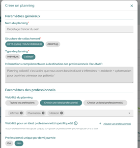 Citana Module agenda partagé: page de création du planning: nom, structures y ayant accès, planning simple ou collectif, type de professionnel devant y participer, pouvant le voir