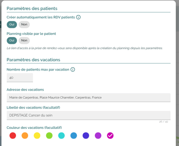 CITANA module Agenda: création planning, créer automatiquement des créneaux pour les patients, prise de RDV possible en ligne pour les patients, nombre de patient par vacation, adresse de la vacation, couleur