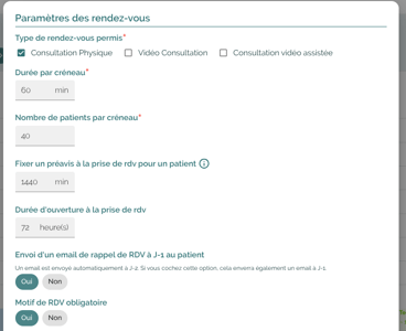 CITANA module Agenda: création de planning, précision sur les RDV: durée par créneau, nombre de patient par créneau, préavis, durée d'ouverture des RDV, envoi d'un mail à J-1, choix du motif obligatoire