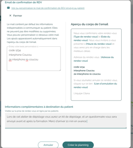 CITANA module Agenda: création planning : personnaliser les mails de confirmation aux patients