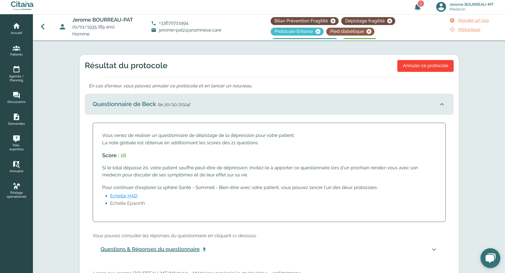 ecran-CITANA-depistage-fragilite-BECK-resultat