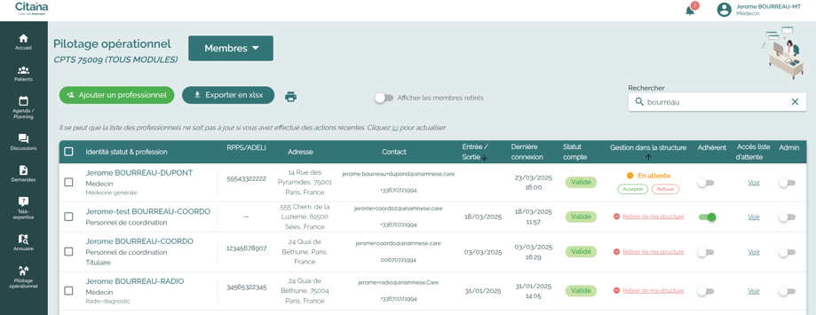 CITANA pilotage opérationnel, gestion des membres : les inviter, accepter, archiver, modifier leurs droits