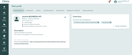 CITANA-présentation : permet à un professionnel de sante de se présenter sur sa page web.