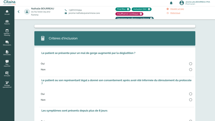 Le protocole ANGINE permet de faciliter l'accès aux soins en sécurisant la prise en charge par une infirmière ou un pharmacien. Ici évaluation des critères d'inclusion