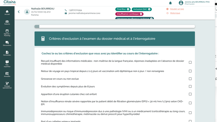 Le protocole ANGINE permet de faciliter l'accès aux soins en sécurisant la prise en charge par une infirmière ou un pharmacien. Ici évaluation des critères d'exclusion