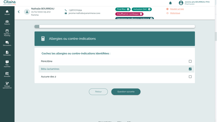 Le protocole ANGINE permet de faciliter l'accès aux soins en sécurisant la prise en charge par une infirmière ou un pharmacien. Ici évaluation des allergies ou contre-indications