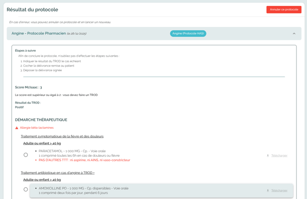 Le protocole ANGINE permet de faciliter l'accès aux soins en sécurisant la prise en charge par une infirmière ou un pharmacien. Ici affichage du résultat, conduite à tenir, avant le choix du médicament