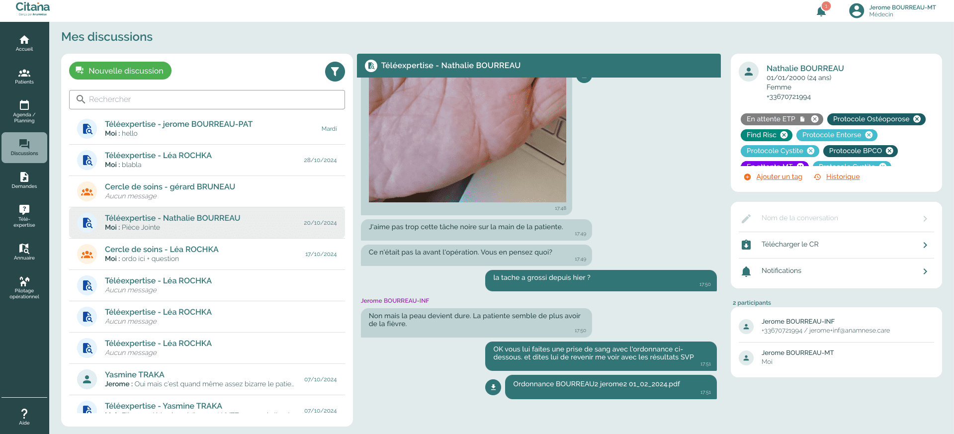 La discussion instantanée Citana intègre le dossier patient, les tag, permet la télé-expertise a posteriori, l'envoi de document (e.g. ordonnance) dans le dossier patient