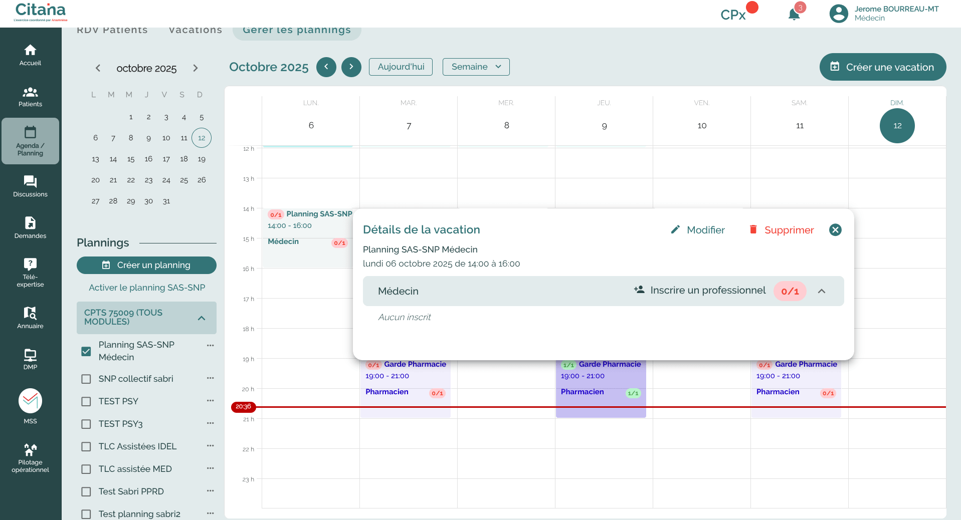 ecran CITANA du module agenda, montrant la gestion de plusieurs planning et leurs vacations associées, avec inscription de professionnels de santé ecran CITANA du module agenda, montrant la gestion de plusieurs planning et leurs vacations associées, avec inscription de professionnels de santé