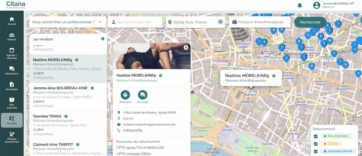 CITANA : annuaire de l'offre de soin territoriale, permet à un praticien de recherche une consoeur / confrère par profession, spécialité, localisation CITANA : annuaire de l'offre de soin territoriale, permet à un praticien de recherche une consoeur / confrère par profession, spécialité, localisation